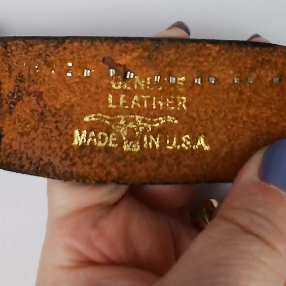 VTG SZ L Black Leather Handcrafted Belt Turquoise Gems Silver Studs Made USA main image 4